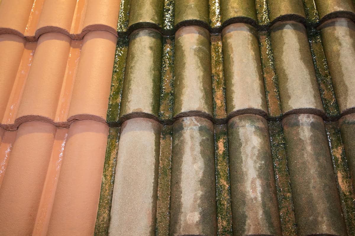 after and before Roof cleaning with high pressure water cleaner tile
