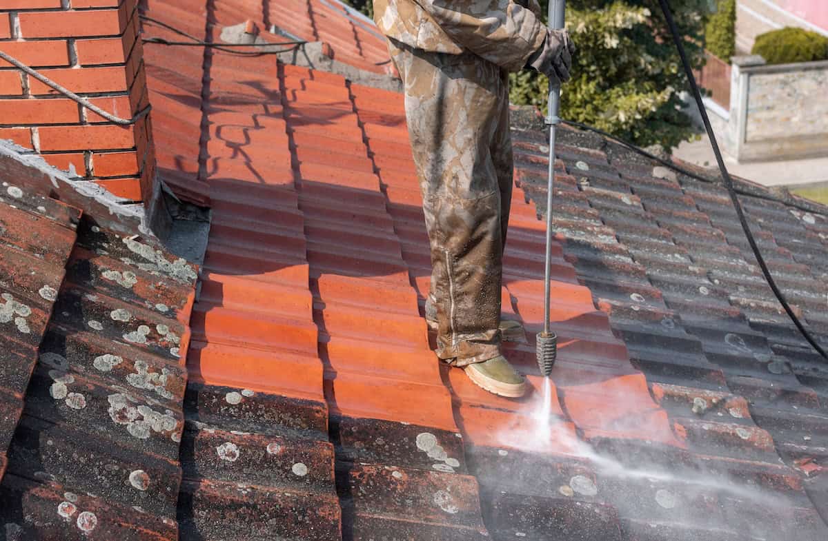 Spraying roof and cleaning algae