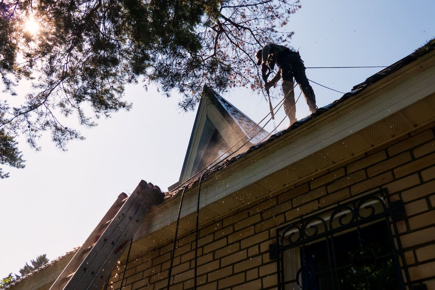 A man stands on the roof of a house and washes metal tiles with a stream of water. Flying drops of water. The bright sun is visible through the branches of the tree.