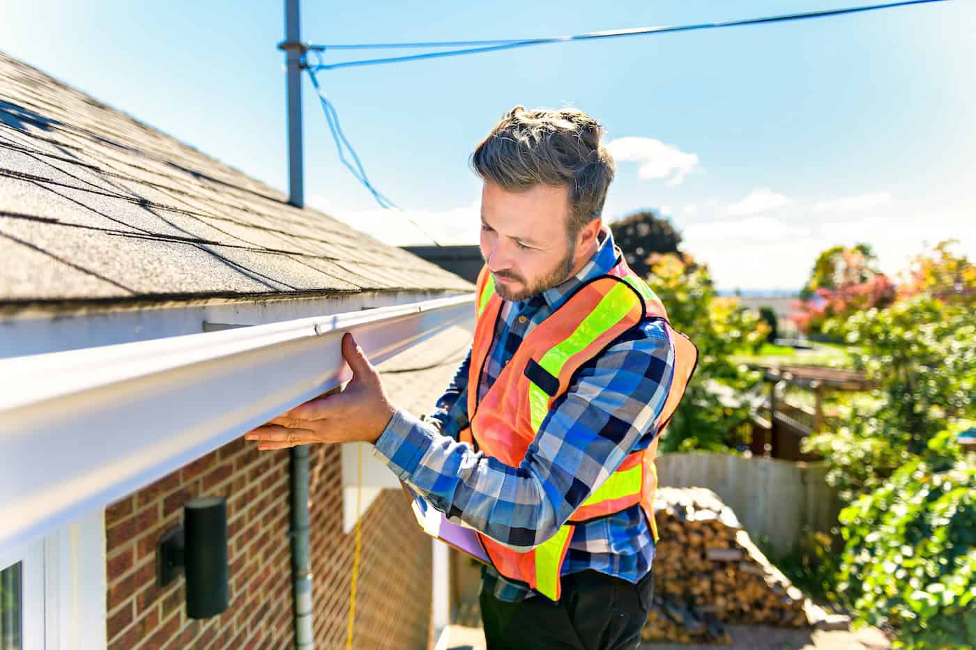 A man standing on steps inspecting house roof