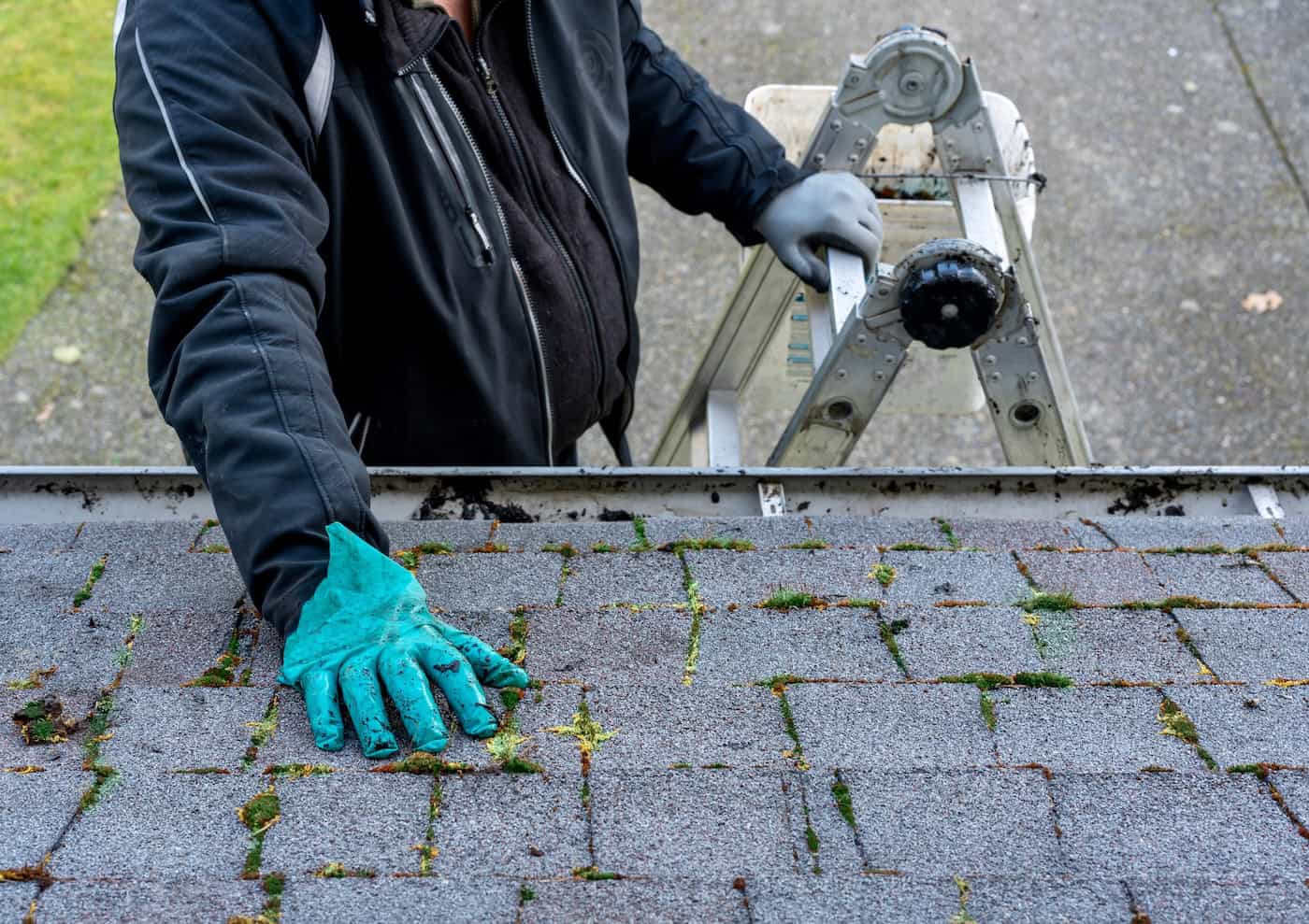Man inspecting and cleaning dirty moss-covered roof