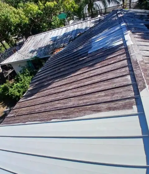 Photo of a partially cleaned metal roof to show the stark contrast between cleaned and not cleaned.