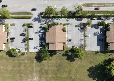 Photo of three finished shingle roofs for office buildings