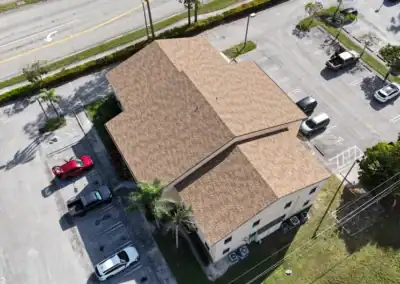 Photo of one finished shingle roof for one of three office buildings